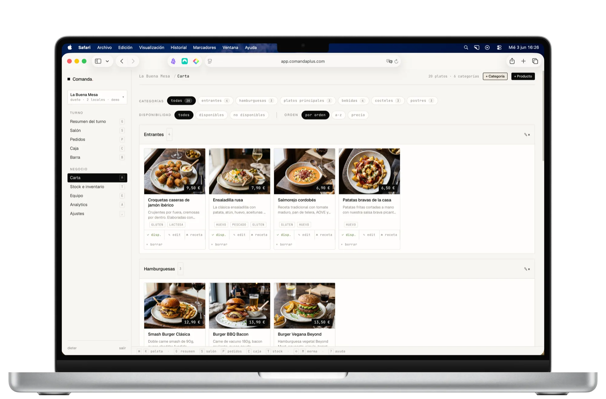 Gestión de la carta en ComandaPlus: platos con foto, precio y categoría, listos para editar