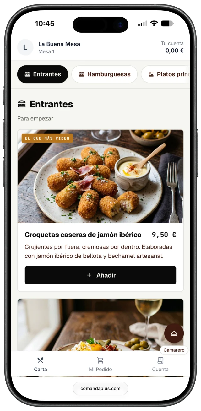 Carta en el móvil del comensal: croquetas caseras de jamón con foto, precio y la etiqueta 'el que más piden'