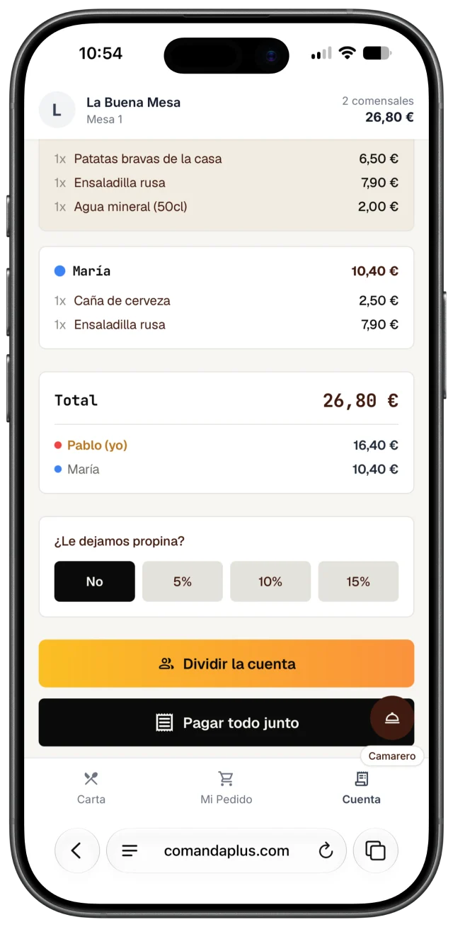 Pantalla de cuenta con el total de la mesa y el botón 'Dividir la cuenta'